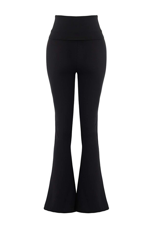 Siyah Fırçalı Soft Kumaş Bel Katlama Detaylı Flare/İspanyol Paça Yoga Örme Spor Tayt THMAW26TY00001 - 6