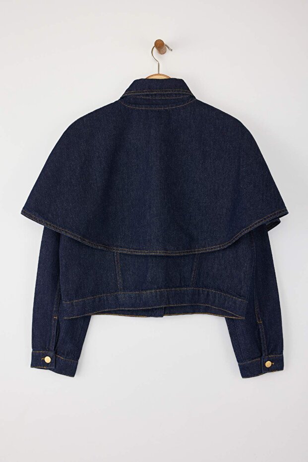 Özel Koleksiyon Koyu Mavi Çıkarılabilir Pelerinli Denim Panço Ceket TWOAW26CE00001 - 10