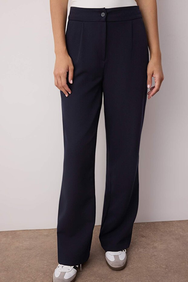 Lacivert Wide Leg/Geniş Paça Dokuma Kumaş Pantolon TWOAW22PL0139 - 4