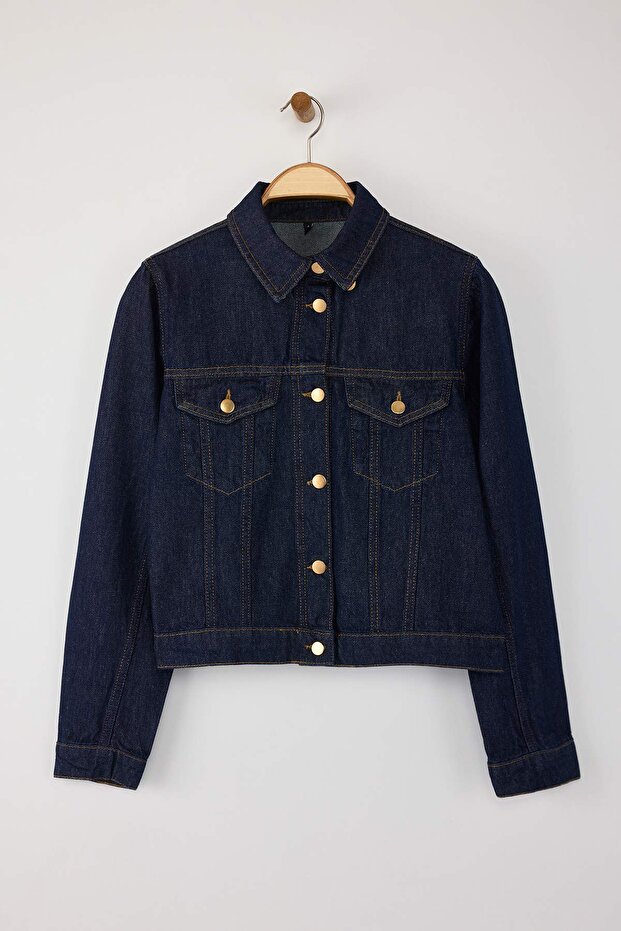 Özel Koleksiyon Koyu Mavi Çıkarılabilir Pelerinli Denim Panço Ceket TWOAW26CE00001 - 11
