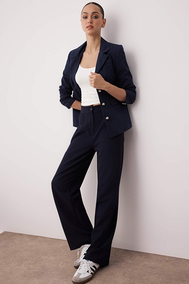 Lacivert Wide Leg/Geniş Paça Dokuma Kumaş Pantolon TWOAW22PL0139 - 3