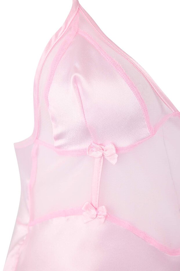 Pembe Tül/Mesh ve Sırt Detaylı Kapsız Askılı Saten Babydoll/Fantezi Gecelik THMAW26CY00005 - 7