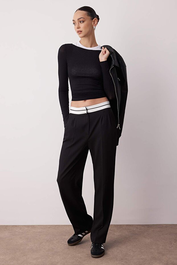 Siyah Wide Leg/Geniş Paça Yüksek Bel Kemer Detaylı Dokuma Kumaş Pantolon TWOSS23PL00150 Palazzo - 1