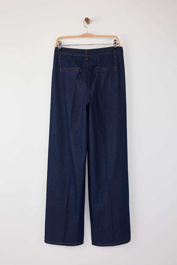 Koyu Mavi Pileli Yüksek Bel Wide Leg Jeans TWOAW26JE00008 - 6
