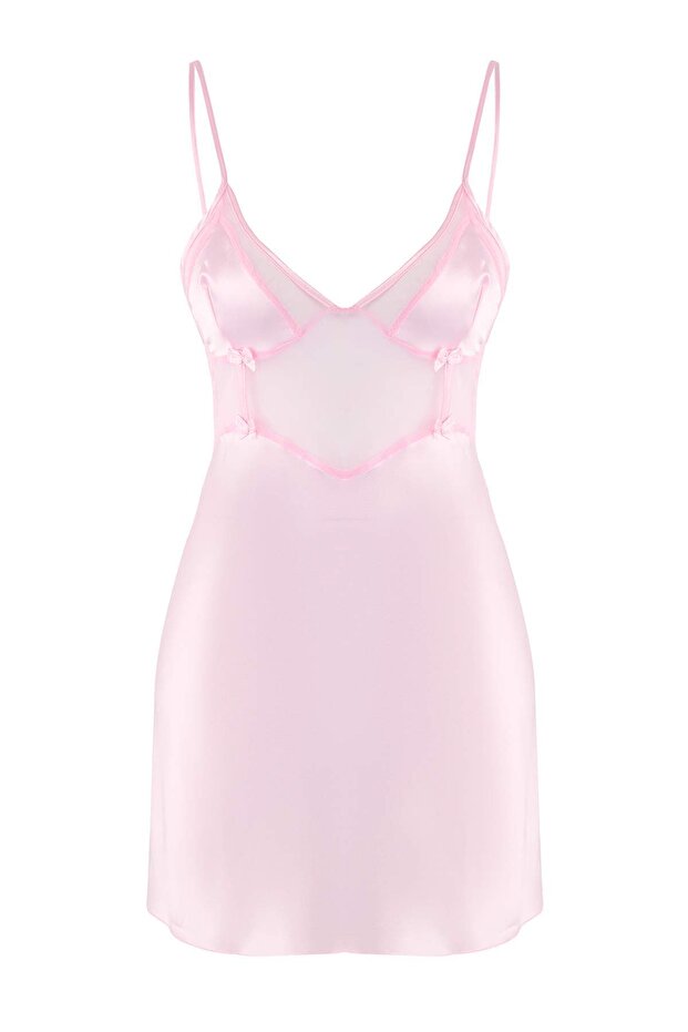 Pembe Tül/Mesh ve Sırt Detaylı Kapsız Askılı Saten Babydoll/Fantezi Gecelik THMAW26CY00005 - 6