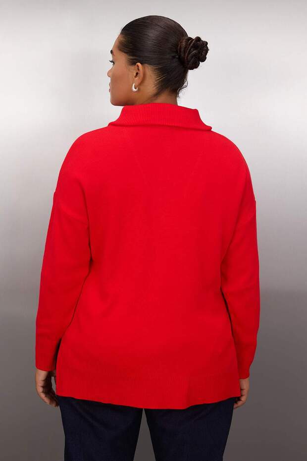 Czerwony sweter z dzianiny z kołnierzykiem typu „knit-down” i zamkiem błyskawicznym TBBAW26AN00015 - 4