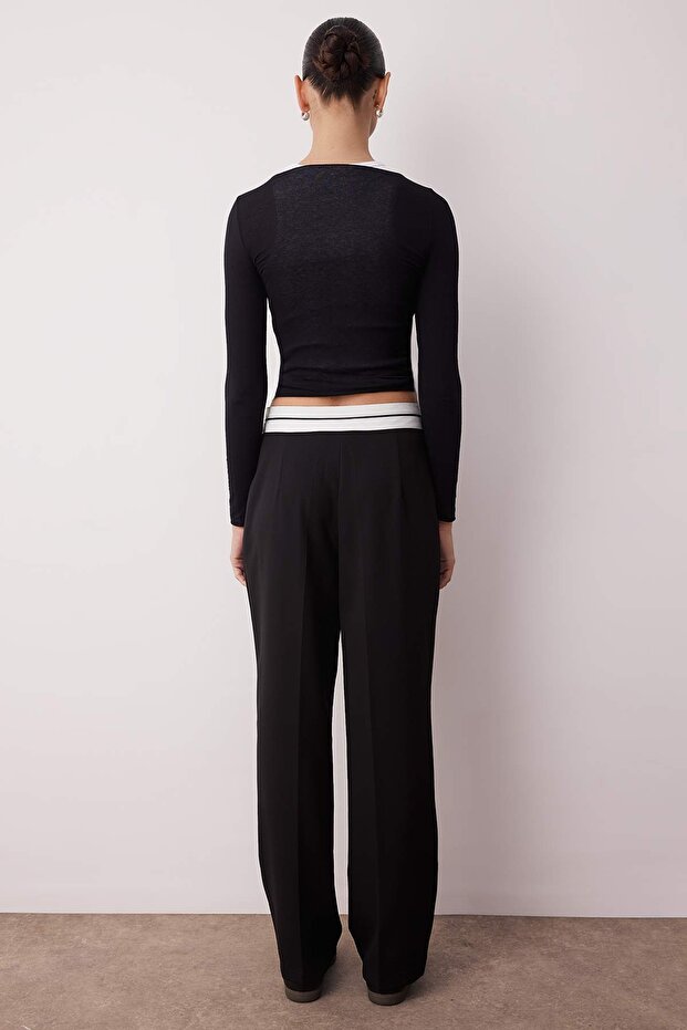 Siyah Wide Leg/Geniş Paça Yüksek Bel Kemer Detaylı Dokuma Kumaş Pantolon TWOSS23PL00150 Palazzo - 4