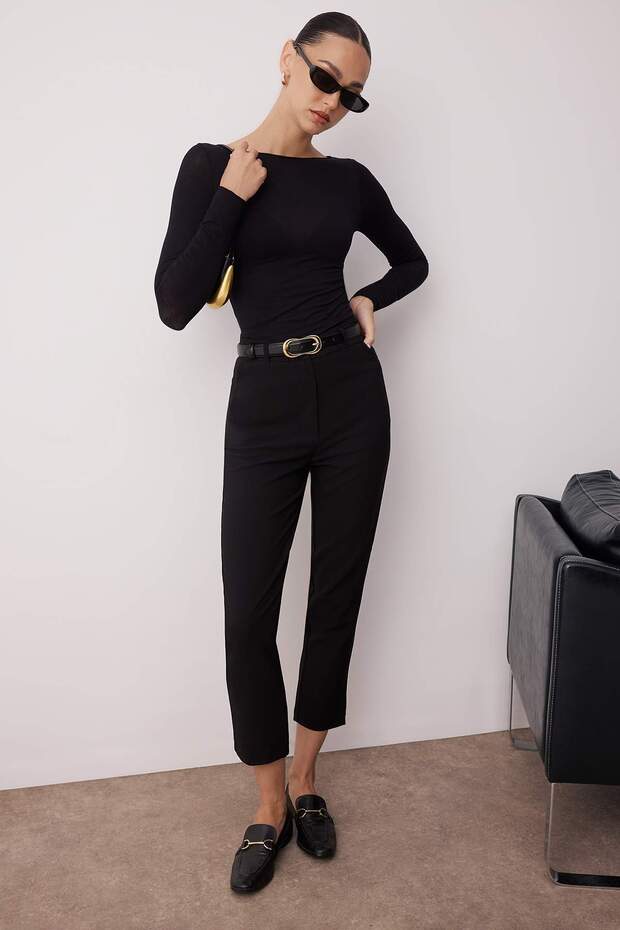 Siyah Basic Cigarette Dar Paça Dokuma Kumaş Pantolon TWOSS19ST0038 - 2