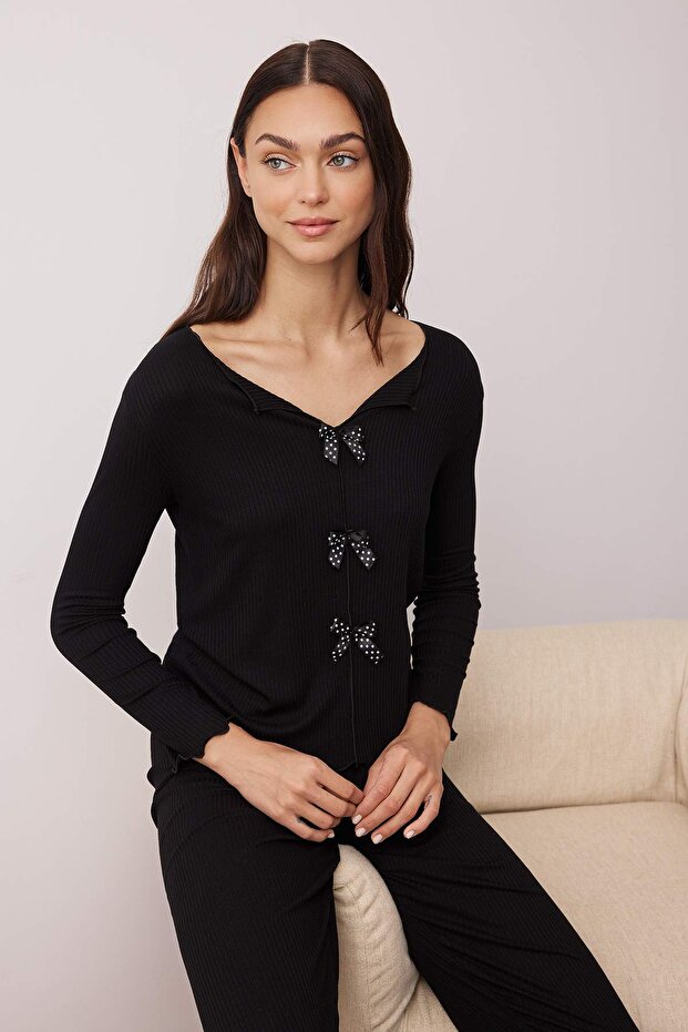 Black Polka Dot Ribbon Detailed Ribbed Knitted Pajama Set Thmaw26Pt00071