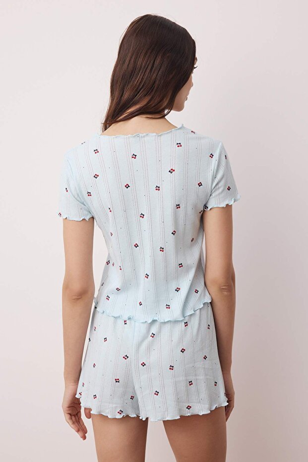 Mavi %100 Pamuklu Kirazlı Kurdele/Fiyonklu Fitilli Şortlu Örme Pijama Takımı THMSS25PT00434 - 4