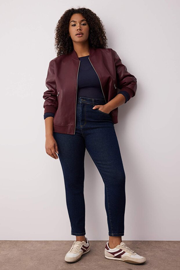 Koyu Mavi Yüksek Bel Esnek Skinny Denim Büyük Beden Jeans TBBAW26CJ00006 - 1