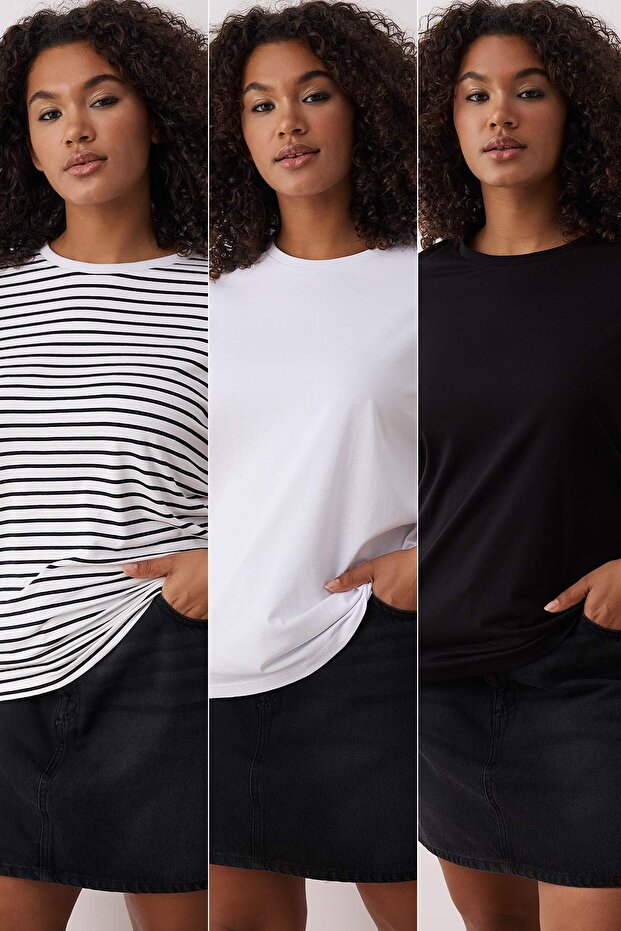 Siyah-Beyaz 3'lü Paket Büyük Beden T-shirt TBBSS25BF00071 - 1