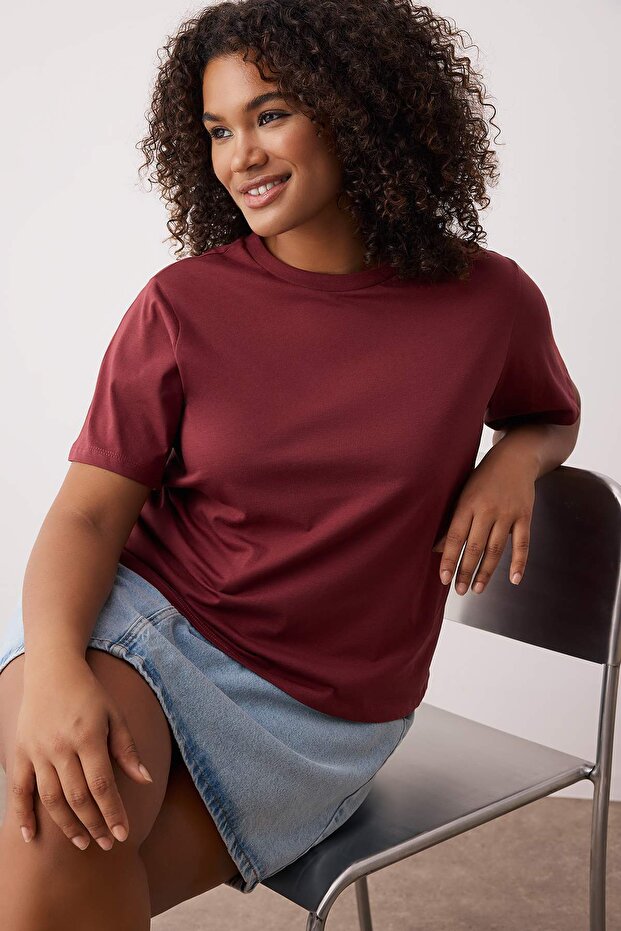 Burgundy Regular Fit Crop nagy méretű póló TBBSS25BF00061 - 2