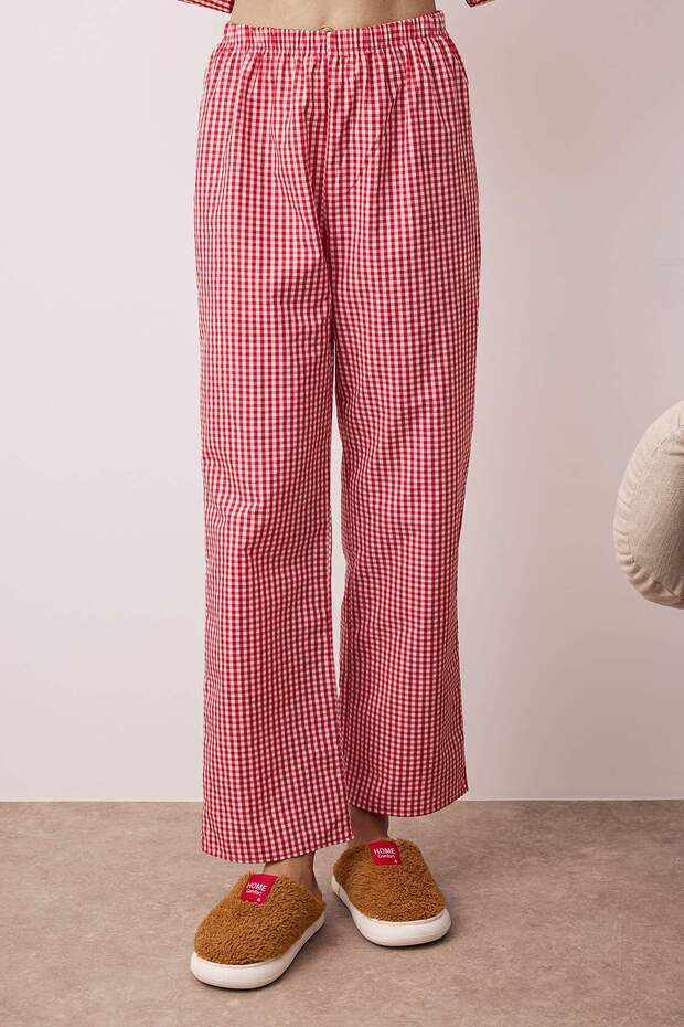 Kırmızı Ekoseli Bağlama Detaylı Viskon Dokuma Pijama Takımı THMAW26PT00026 - 3