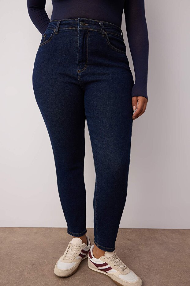 Koyu Mavi Yüksek Bel Esnek Skinny Denim Büyük Beden Jeans TBBAW26CJ00006 - 3