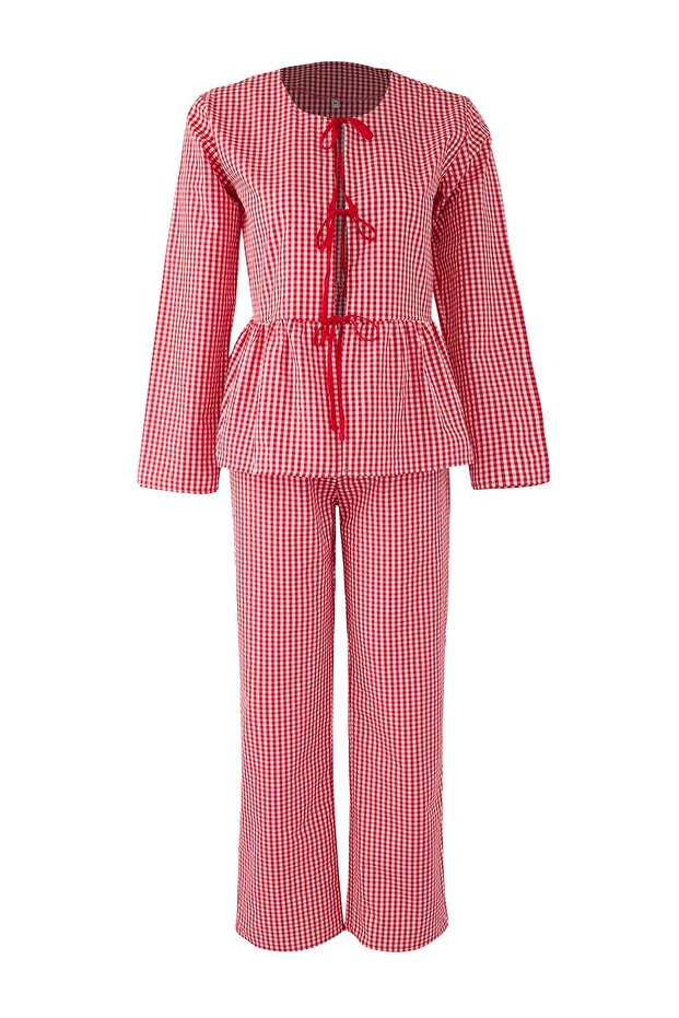 Kırmızı Ekoseli Bağlama Detaylı Viskon Dokuma Pijama Takımı THMAW26PT00026 - 5