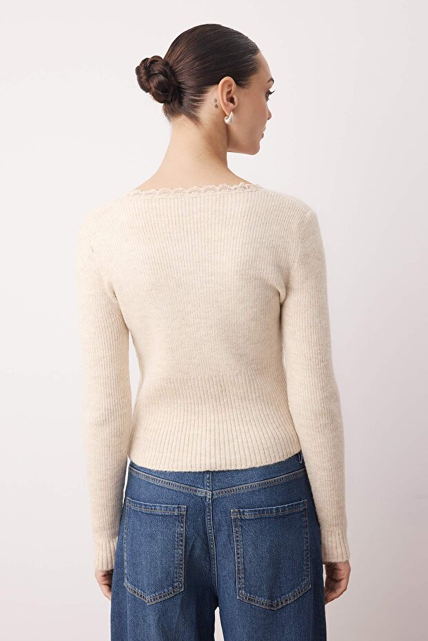 Taş Crop Dantel Garnili Kare Yaka Yumuşak Dokulu Fitted/Vücudu Saran Triko Hırka TWOAW26HI00061 - 5