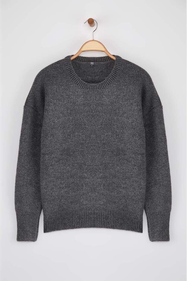 Wardrobe Essentials Antrasit Yünlü Premium İplik Basic Geniş Kalıp Triko Kazak | TWOAW26KZ00065 - 5