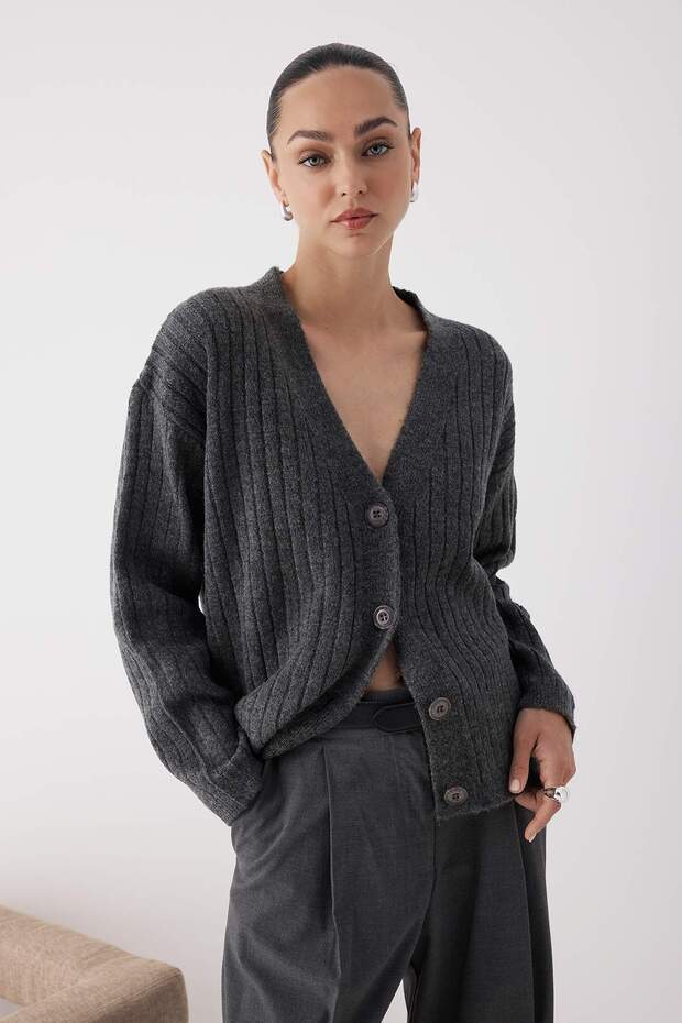 Wardrobe Essentials Antrasit Yumuşak Dokulu Basic Triko Hırka | TWOAW26HI00119 - 2