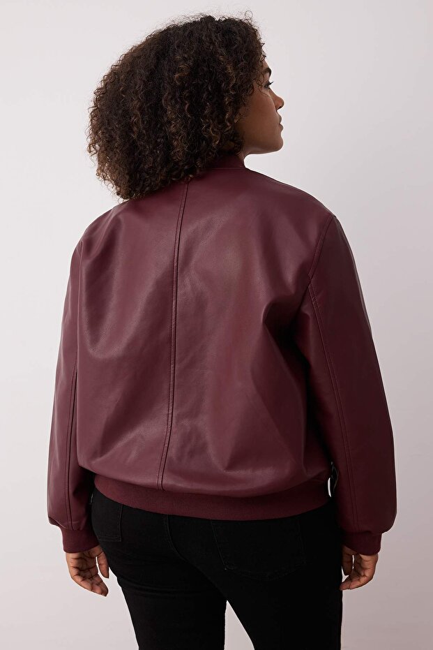 Bordová Regular Fit Faux Leather Bomber Slim Plus Size Jacket Coats TWOAW26AW00002 - 4