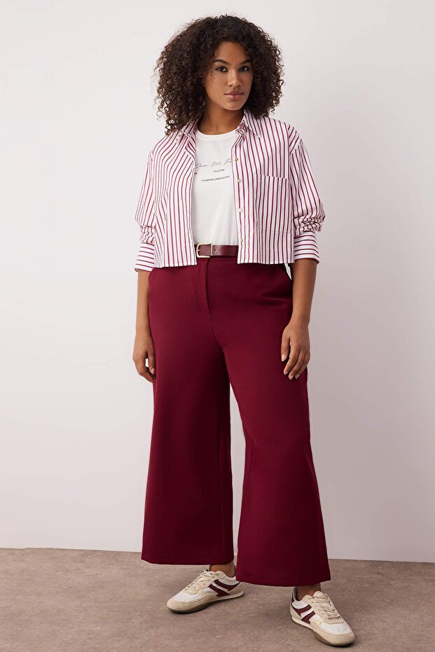 Özel Koleksiyon Bordo Wide Leg Premium Kemerli Büyük Beden Pantolon TBBAW26AR00001 - 2