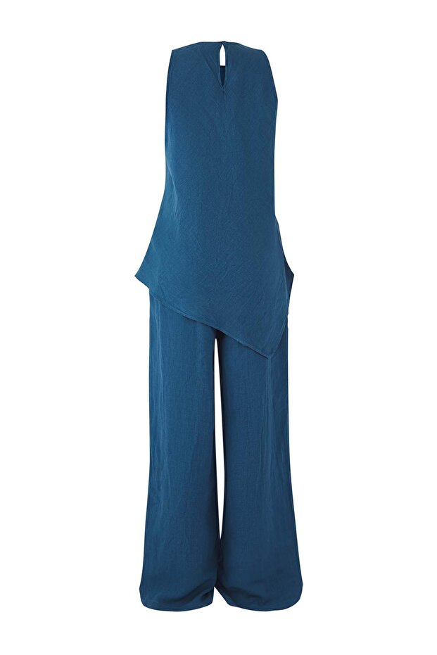 Indigo Keten Kolsuz Bluz ve Pantolon Dokuma Alt - Üst Takım TWOSS25AU00121 - 7