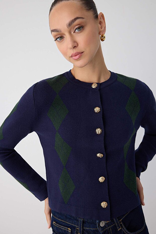 Wardrobe Essentials Lacivert*001 Baklava Desenli Düğmeli Premium İplik Triko Hırka | TWOAW26HI00094 - 1