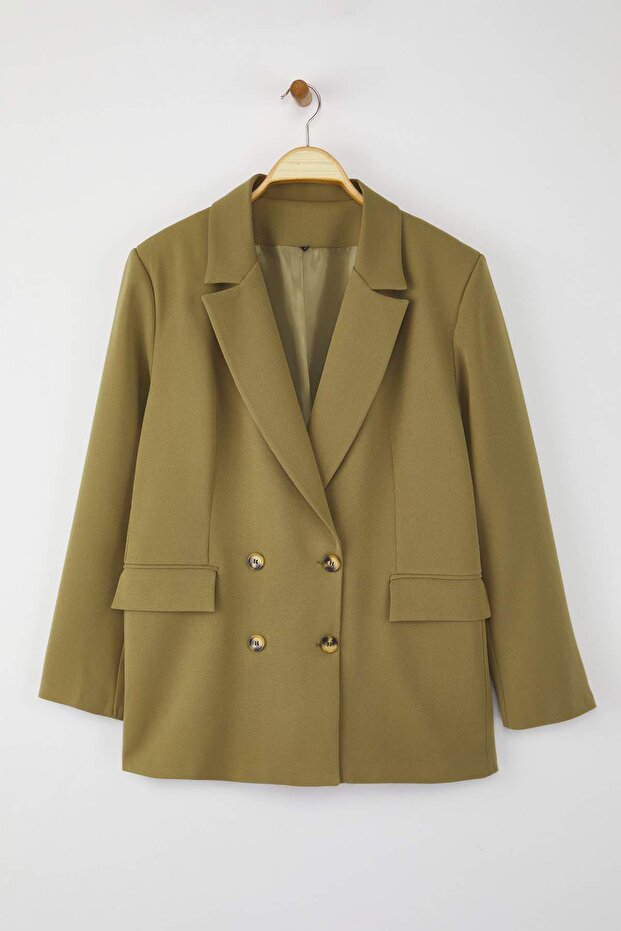 Haki Oversize/Bol Kesim Astarlı Düğmeli Dokuma Büyük Beden Blazer Ceket TBBAW26AG00006 - 5