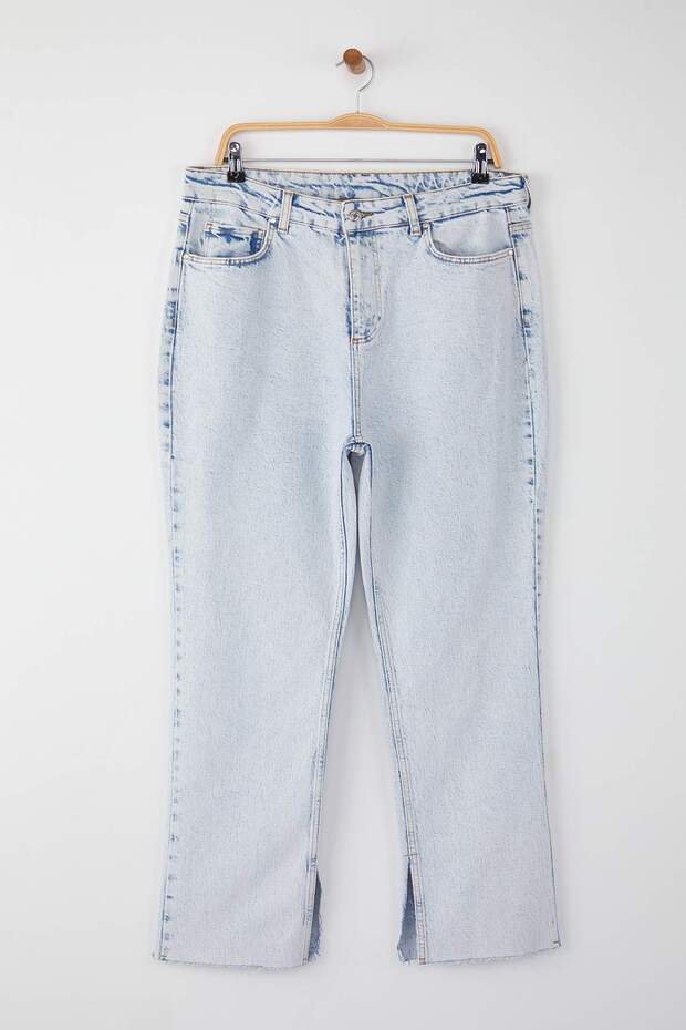Açık Mavi Yüksek Bel Yırtmaç Detaylı Flare Fit Büyük Beden Jeans TBBAW26CJ00000 - 5