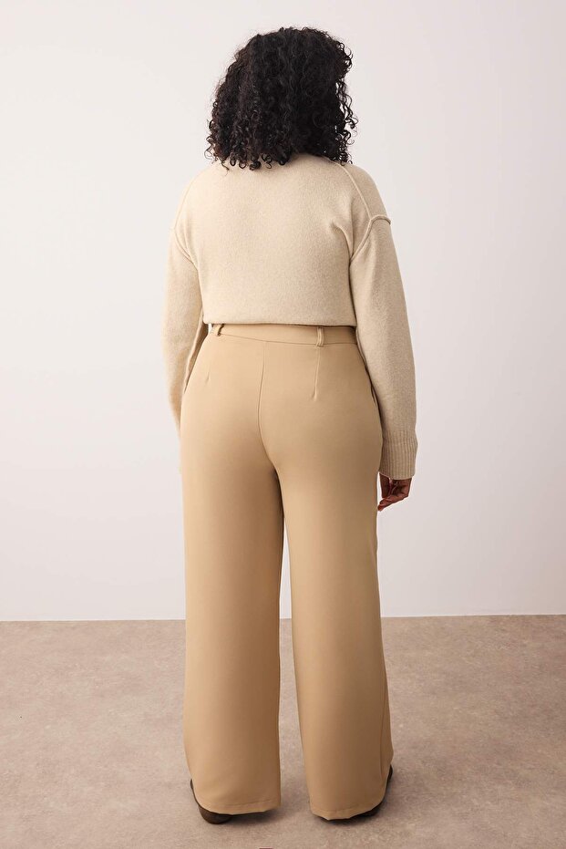 Vizon Wide Leg/Geniş Paça Dokuma Büyük Beden Kumaş Pantolon TBBAW23AR00007 - 4
