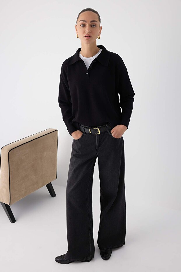 Wardrobe Essentials Siyah*001 Premium/Özel İplik Polo Yaka Triko Kazak | TWOAW26KZ00060 - 2