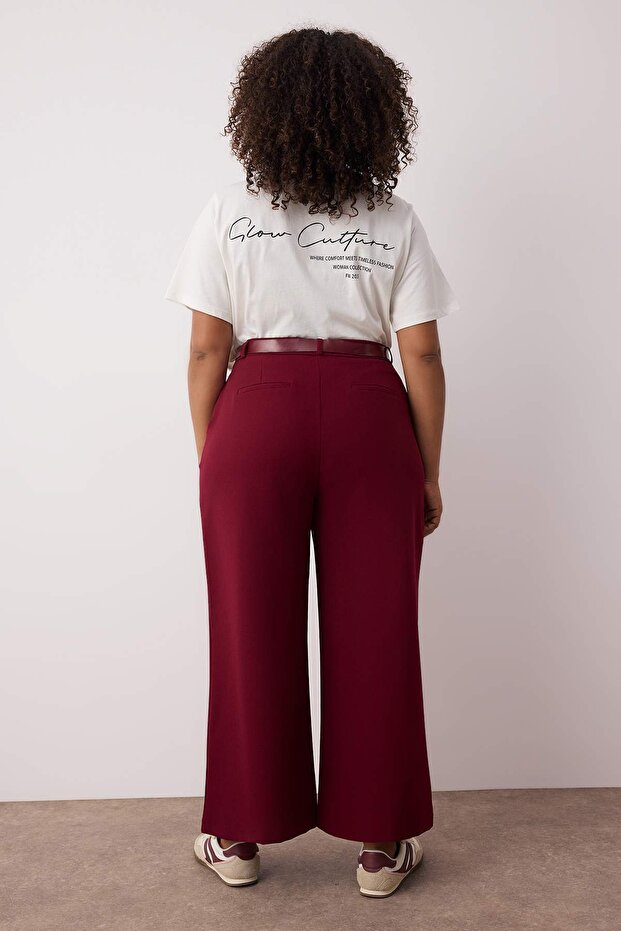 Özel Koleksiyon Bordo Wide Leg Premium Kemerli Büyük Beden Pantolon TBBAW26AR00001 - 4