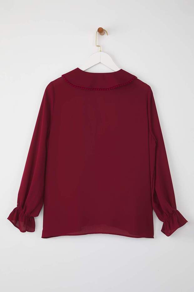 Bordo Bebe Yaka Ponpon Detaylı Regular Normal Kalıp Dokuma Büyük Beden Gömlek TBBAW26AX00008 - 8