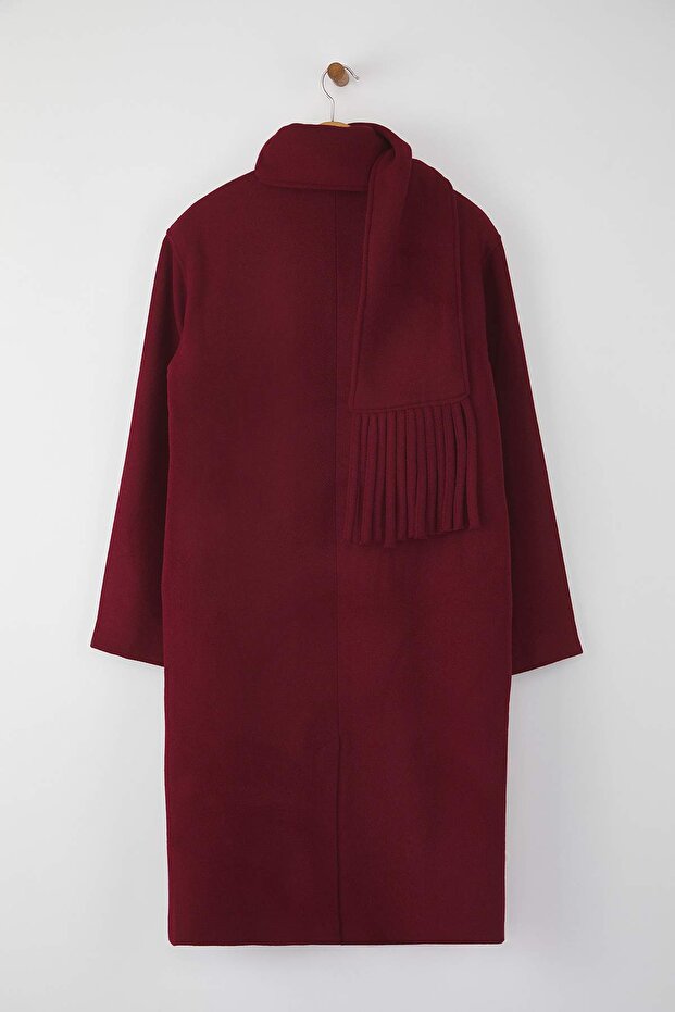 Bordo Şal Detaylı Mono Kapama Oversize Uzun Kaşe Kaban TWOAW26KB00041 - 8