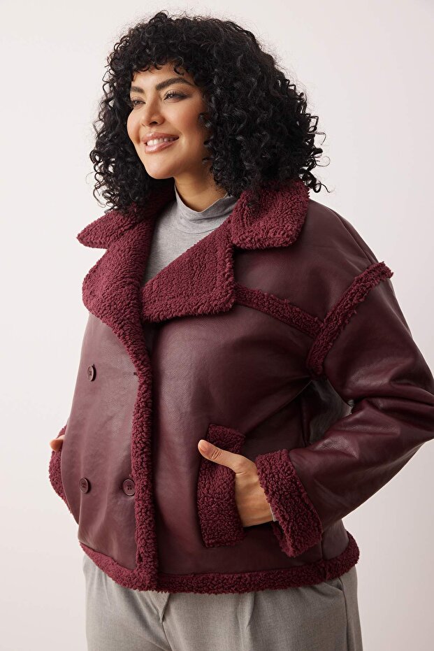 Bordo Peluş Detaylı Suni Deri Biker Ceket Büyük Beden Mont TWOAW26AW00014 - 2