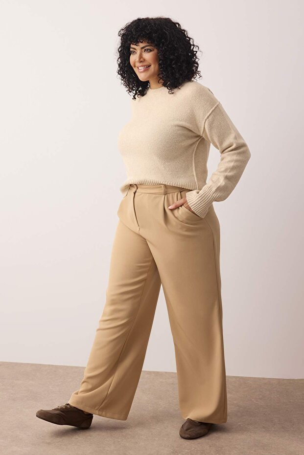 Vizon Wide Leg/Geniş Paça Dokuma Büyük Beden Kumaş Pantolon TBBAW23AR00007 - 2