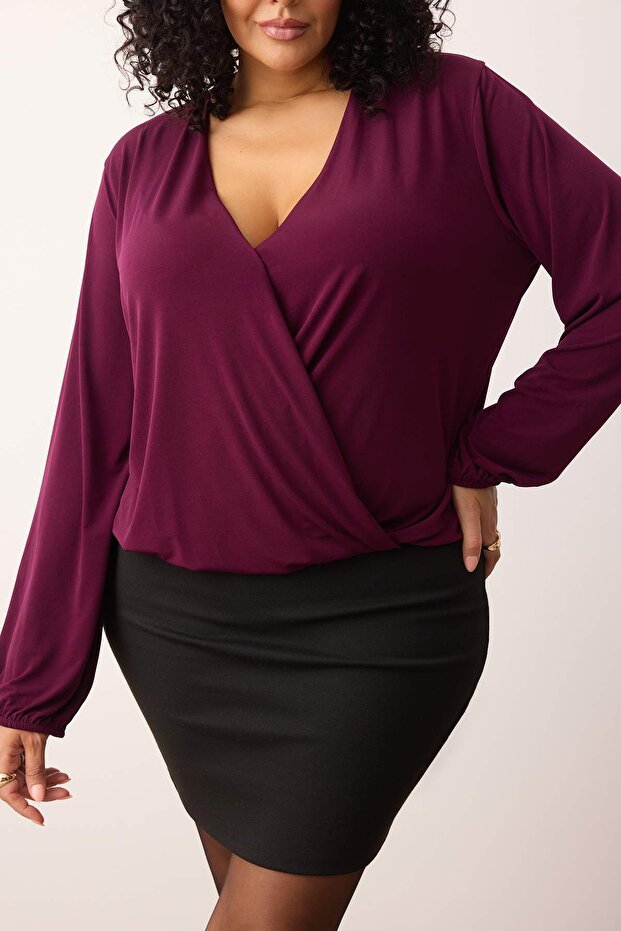 Mor Balon Kol Kruvaze Yaka Örme Crop Bluz TBBAW23AF00029 - 6