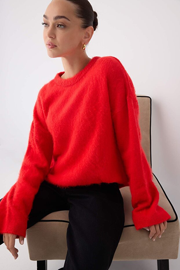 Wardrobe Essentials Kırmızı Yumuşak Dokulu Geniş Kalıp Basic Triko Kazak | TWOAW26KZ00088 - 3