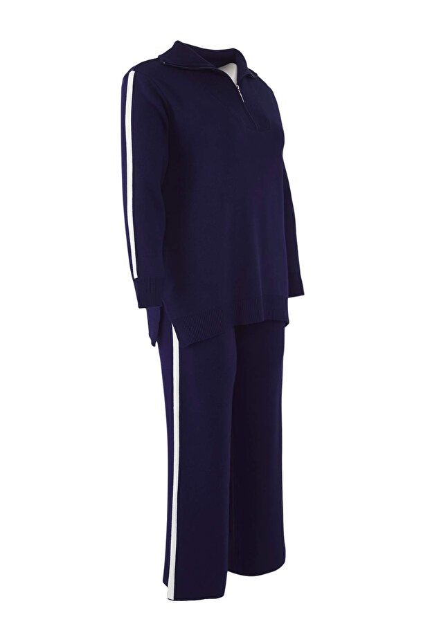 Granatowy, dzianinowy komplet z kołnierzykiem wywijanym i ozdobnymi paskami TBBAW26CP00001 - 6