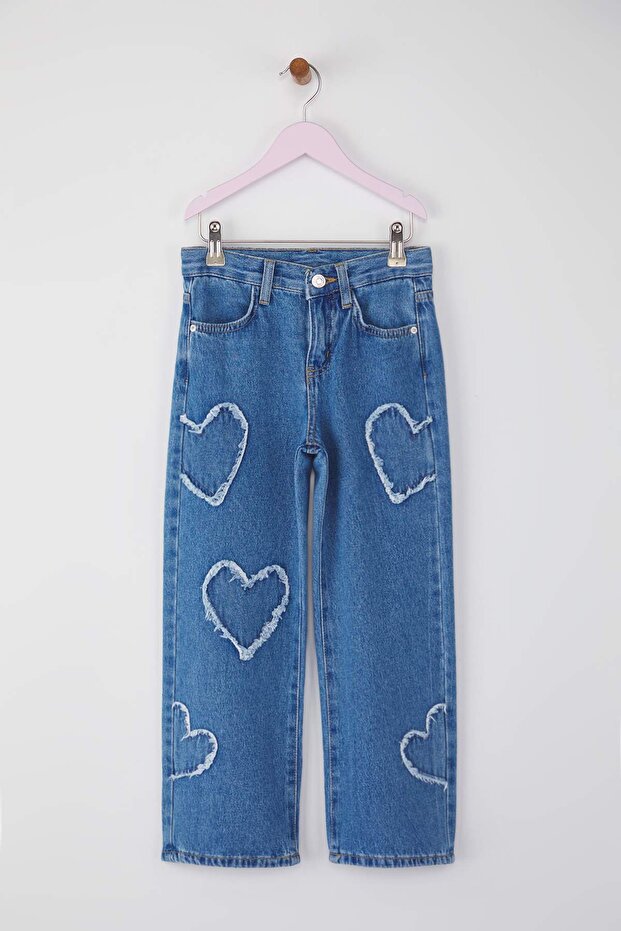 Mavi Kız Çocuk Geniş Paça Yıldız Desenli Lastikli %100 Pamuk Denim Pantolon TKDAW25PL00001 - 2