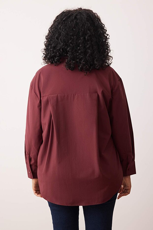Koyu Bordo Loose Fit Pamuklu Uzun Kol Büyük Beden Dokuma Gömlek TBBSS22GO0323 - 4