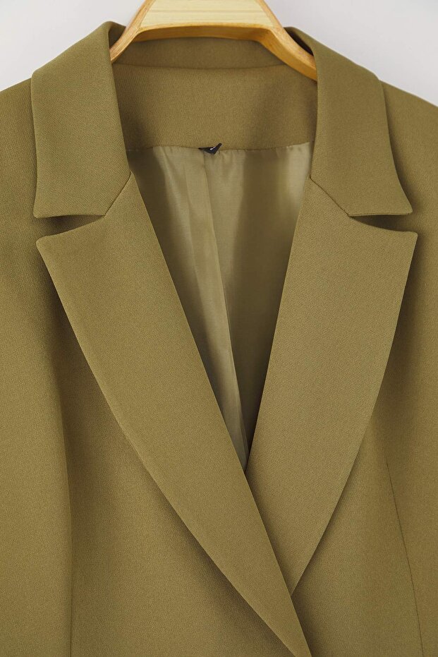 Haki Oversize/Bol Kesim Astarlı Düğmeli Dokuma Büyük Beden Blazer Ceket TBBAW26AG00006 - 7
