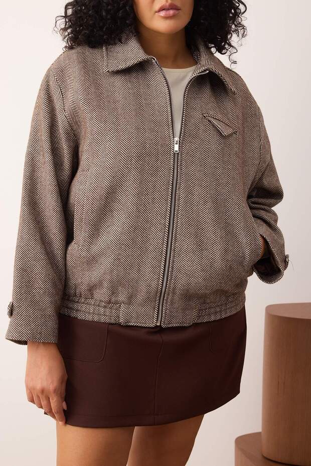 Kahverengi Balıksırtı Desenli Oversize Kalıp Bomber İnce Büyük Beden Ceket Mont TWOAW26AW00018 - 3