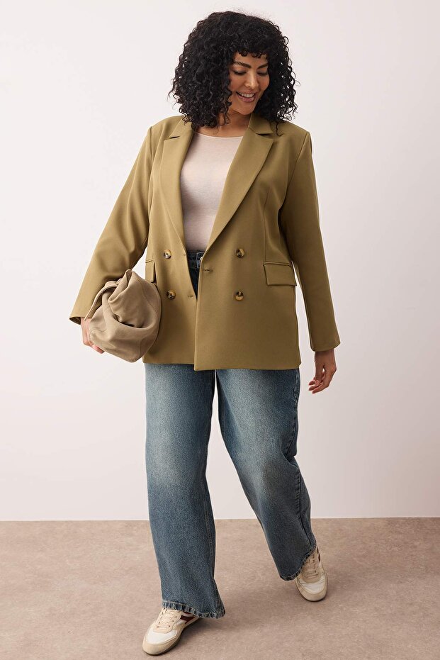 Haki Oversize/Bol Kesim Astarlı Düğmeli Dokuma Büyük Beden Blazer Ceket TBBAW26AG00006 - 1