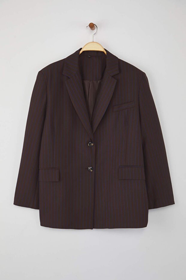 Hnědá tmavě modrá pruhovaná oversize bunda TWOAW26BC00025 - 13