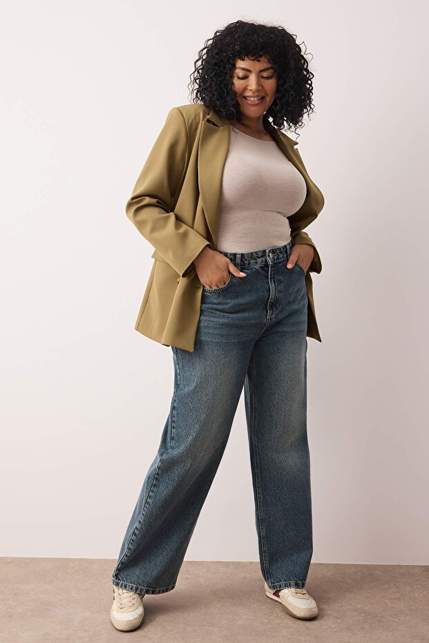 Mavi Soluk Efekt Vintage Yüksek Bel Geniş Paça %100 Pamuk Non-Stretch Wide Leg Jeans TBBAW26CJ00002 - 2