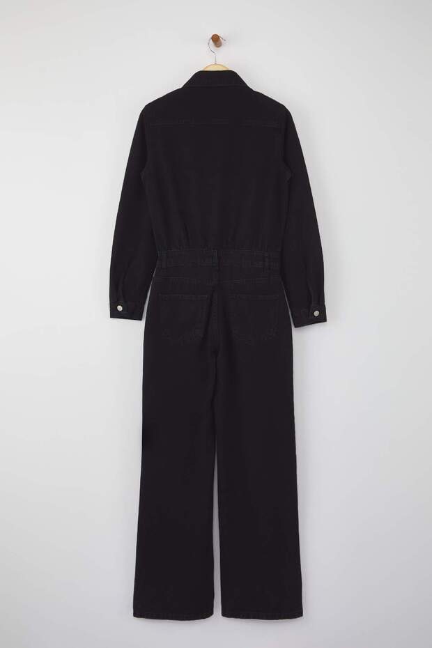 Siyah Gömlek Yaka Geniş Paça Denim Tulum TWOAW26TU00002 - 7