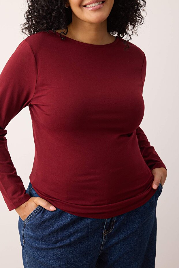 Bordo Pamuklu Esnek Sırt Dekolteli Fitted/Vücuda Oturan Esnek Örme Büyük Beden Bluz TBBAW26AF00026 - 3