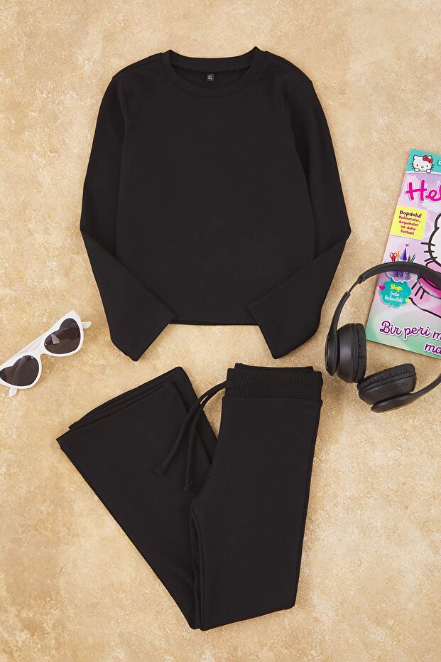 Siyah Düz/Basic Esnek Bisiklet Yaka Regular Örme Kız Çocuk Taytlı Alt - Üst Takım TKDAW26AU00010 - 6