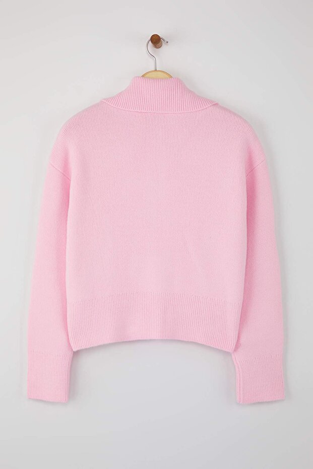 Wardrobe Essentials Pembe Yumuşak Dokulu Geniş Kalıp Fermuarlı Triko Hırka | TWOAW26HI00092 - 6